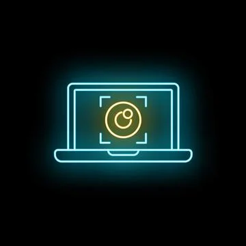 Laptop screen displaying eye recognition neon glow icon Stock Illustration