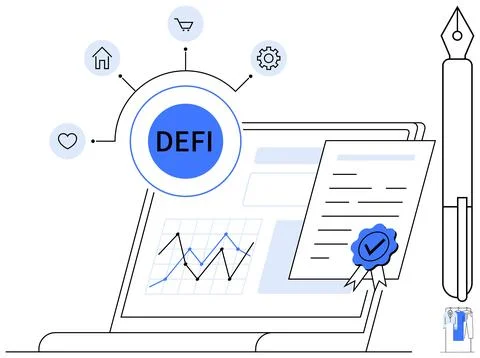 Laptop screen displaying financial chart, DeFi connections, and certified doc Stock Illustration