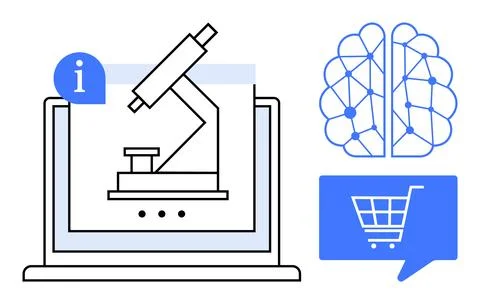 Laptop screen displaying a microscope, AI neural network brain, and shopping  스톡 일러스트