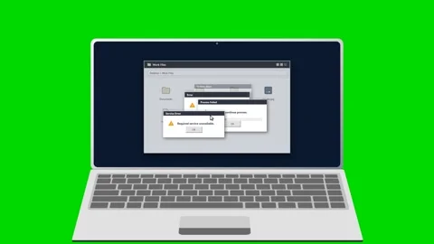 Laptop screen displaying multiple system error popups on green screen. 4K Stock Footage 341694643