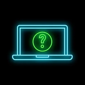 Laptop screen displaying neon question mark for support Stock Illustration