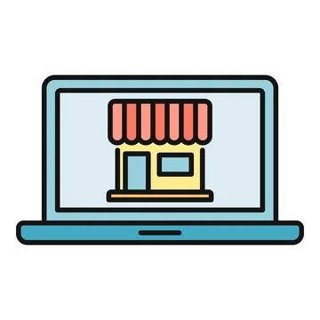 Laptop screen displaying online store building icon Stock Illustration