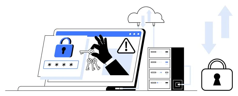 Laptop screen displaying password entry and key illustration, server next to  Stock Illustration