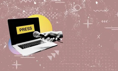 A laptop screen displaying "PRESS" with a hand holding a microphone emergin.. Stock Illustration