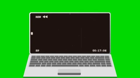Laptop Screen Displaying Retro VHS Rewind on Green Screen 4K Stock Footage 338328295