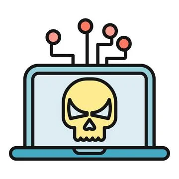 Laptop screen displaying skull icon showing cybersecurity threat Stockillustratie