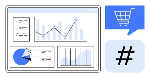Laptop screen displaying various data charts and graphs with a shopping cart  イラスト素材