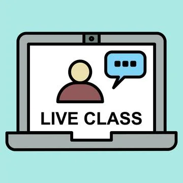 Laptop screen displays live class icon. Simple icon shows person and chat b.. Stock Illustration
