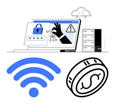 Laptop screen displays password entry, lock sign, and hacker hand with keys n Stock Illustration
