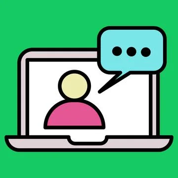 Laptop screen displays a simple human avatar. Speech bubble floats beside i.. 库存插图