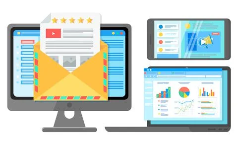 Laptop screen, document with charts and graphs, means of interaction and Stock Illustration