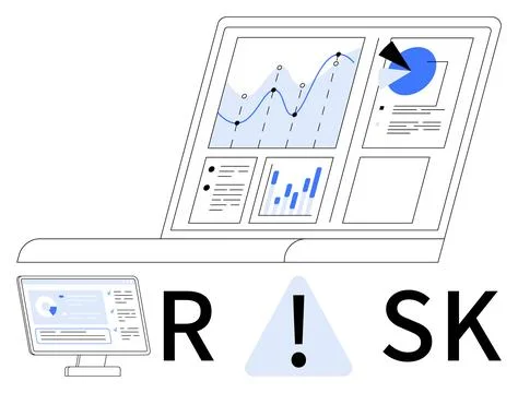 Laptop screen features line graphs, pie chart, and other data visualizations. 스톡 일러스트