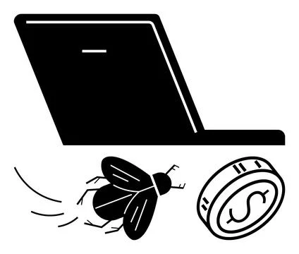 Laptop screen, flying bug, and coin with dollar sign represent the interplay  Stockillustratie