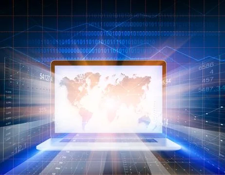 Laptop screen with the glowing rays of sun and graphs behind it Stockillustratie