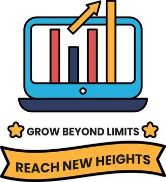 A laptop screen with a graph and the words grow beyond limits written below i Stock Illustration