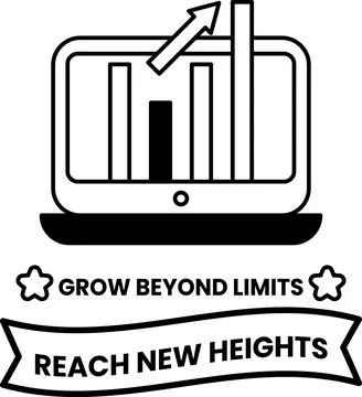 Laptop screen with a graph and the words grow beyond limits written below it Stock Illustration