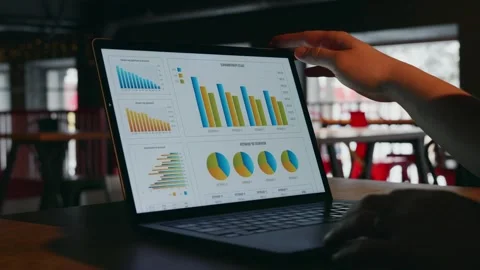 The laptop screen with graphs and statistics on the laptop Video stock 258138303