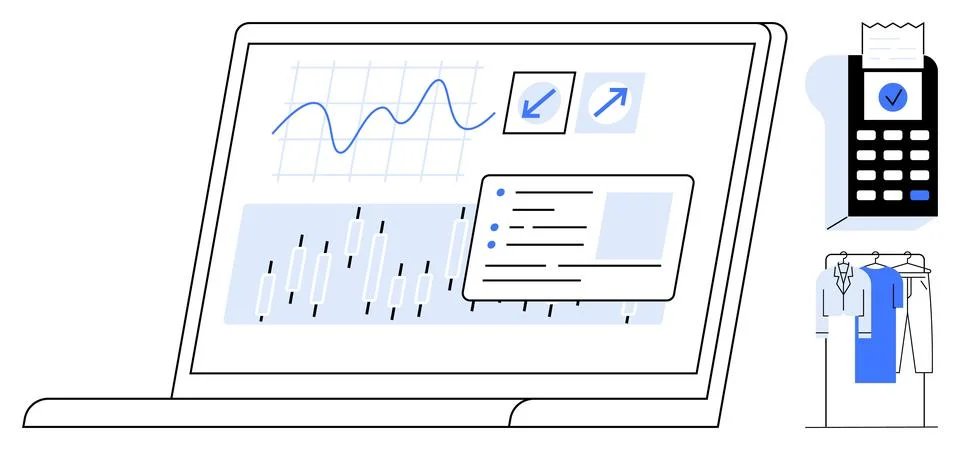 Laptop screen with graphs, bar charts, and arrows showing trends next to card Stock Illustration