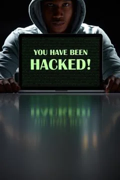 Laptop screen, hacker or portrait of man in dark for online fraud, cybersec.. Stock Photos