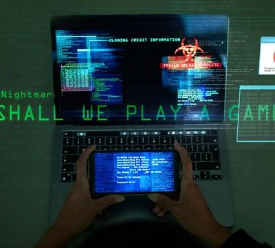 Laptop screen, hands and hacking data for online cyber crime, digital thief and Stock Photos