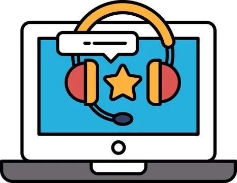 A laptop screen with a headset and a star on it Stock Illustration
