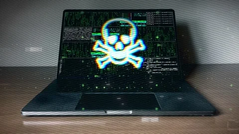 Laptop screen with malware warning symbol and digital code background. Stock Footage 286090980