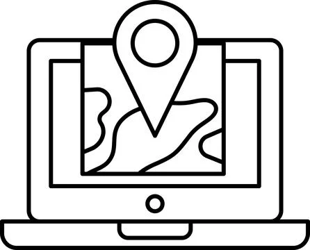 A laptop screen with a map on it and a pin pointing to a location Stock Illustration