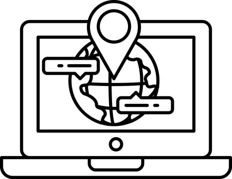 A laptop screen with a map of the world and a pin on it Stock Illustration