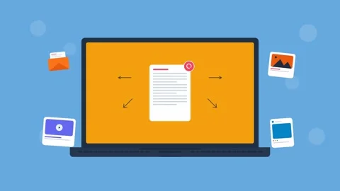 Laptop screen with media icons for content distribution animation. 4K Video stock 342387575