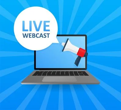 Laptop screen with megaphone. Live webcast! Emblem, label, badge. Text in speech Stock Illustration