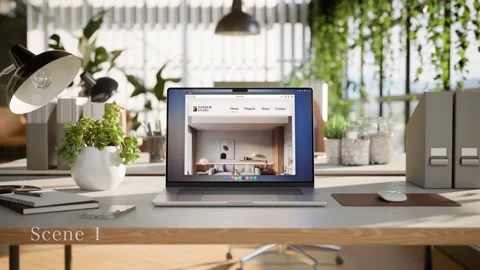 Laptop Screen Mockup – Modern Green Office Interior | 6-SET AE Template Stock After Effects