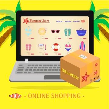 Laptop screen with an online store of beach equipment and uniforms for surfing Stock Illustration