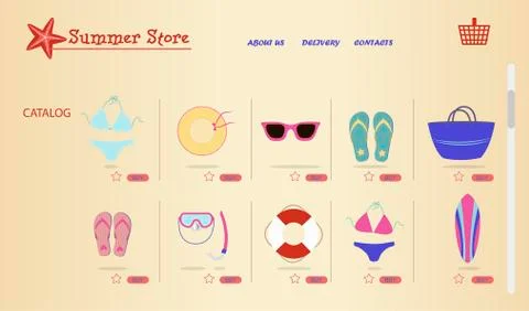 Laptop screen with an online store of beach equipment and uniforms for surfing Stock Illustration