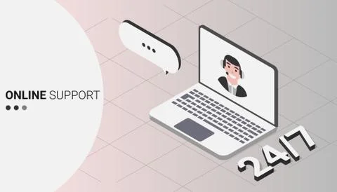 Laptop Screen With Online Support Chat Over Gray Background, Vector Stock Illustration