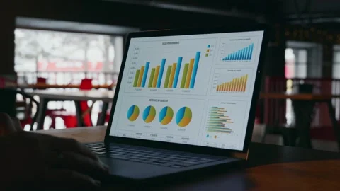 The laptop screen opens and an image with graphs turns on Stock Footage 260542575