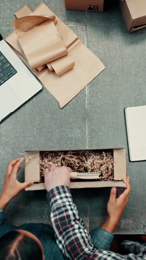 Laptop screen, packing or people with box in warehouse, supply chain or teamwork Stock Footage 332892983