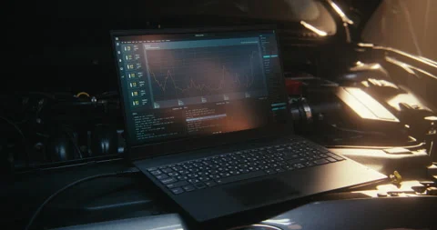 Laptop Screen, Positioned Right Next Car Engine, Displays Telemetry, Graphs Stock Footage 330265693