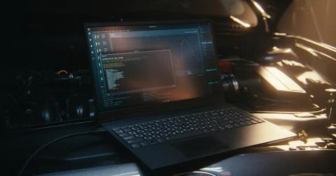 Laptop Screen, Positioned Right Next Car Engine, Displays Telemetry, Graphs Foto stock