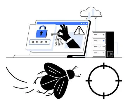 Laptop screen with security lock, keys, exclamation warning, cloud server, an Illustrazione stock
