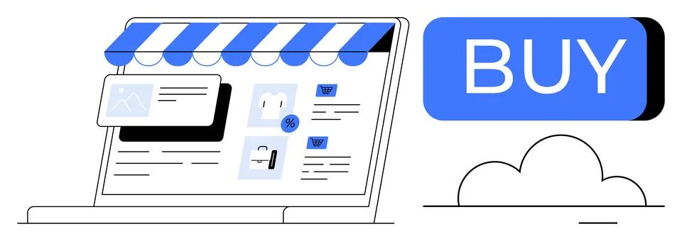 Laptop screen showcasing an online storefront with product thumbnails, text,  Stock Illustration
