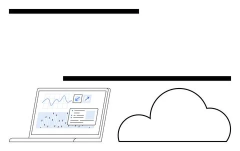 Laptop screen showing analytics data charts and cloud symbol nearby. Ideal fo Illustrazione stock