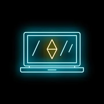 Laptop screen showing cryptocurrency sign in neon style 스톡 일러스트