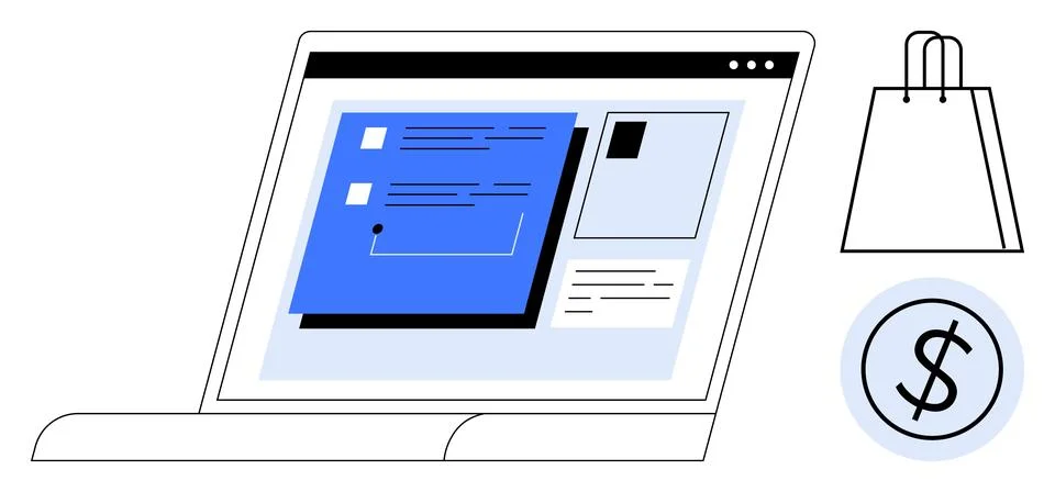 Laptop screen showing an e-commerce site, adjacent to a shopping bag and curr Illustration