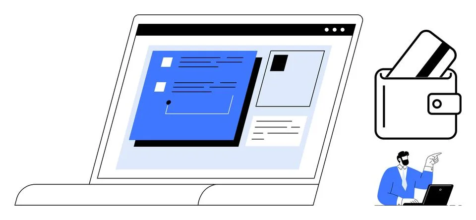 Laptop screen showing payment process, external wallet with credit cards, ind Stock Illustration