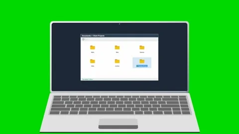Laptop screen showing private file folders on green background. 4K Stock Footage 342115078