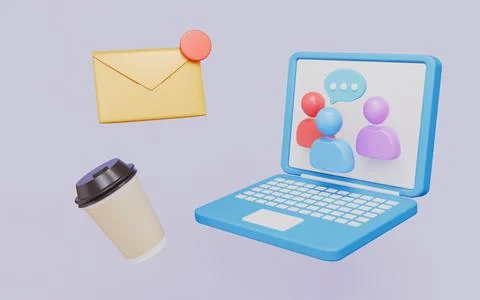Laptop screen showing teamwork communication with floating email alert Stock Illustration