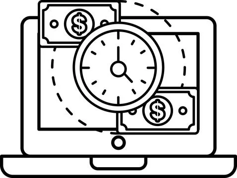 A laptop screen shows a clock and two stacks of money 스톡 일러스트