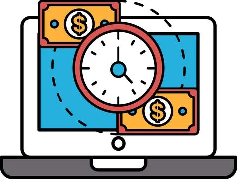 A laptop screen shows a clock with the hands on the numbers 3 and 9 Stock Illustration