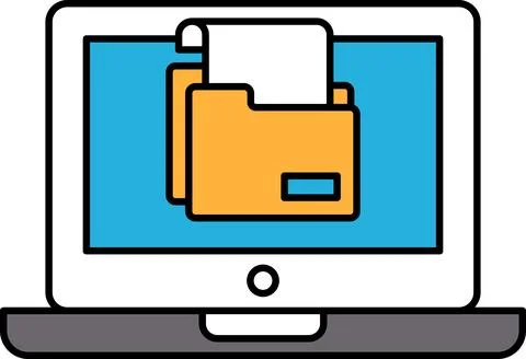 A laptop screen shows a folder with a yellow folder icon Stock Illustration