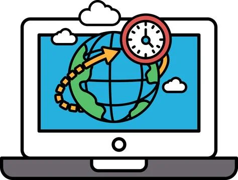 A laptop screen shows a globe with a clock on it Illustrazione stock